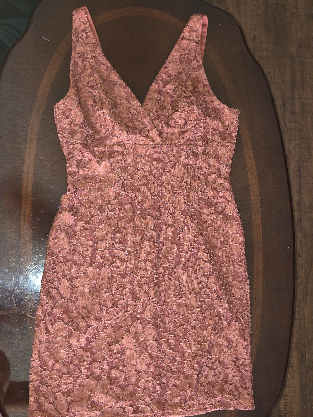 Romeo & Juliet Couture Floral Lace V-Neck Dress. Cooper Color, Size M